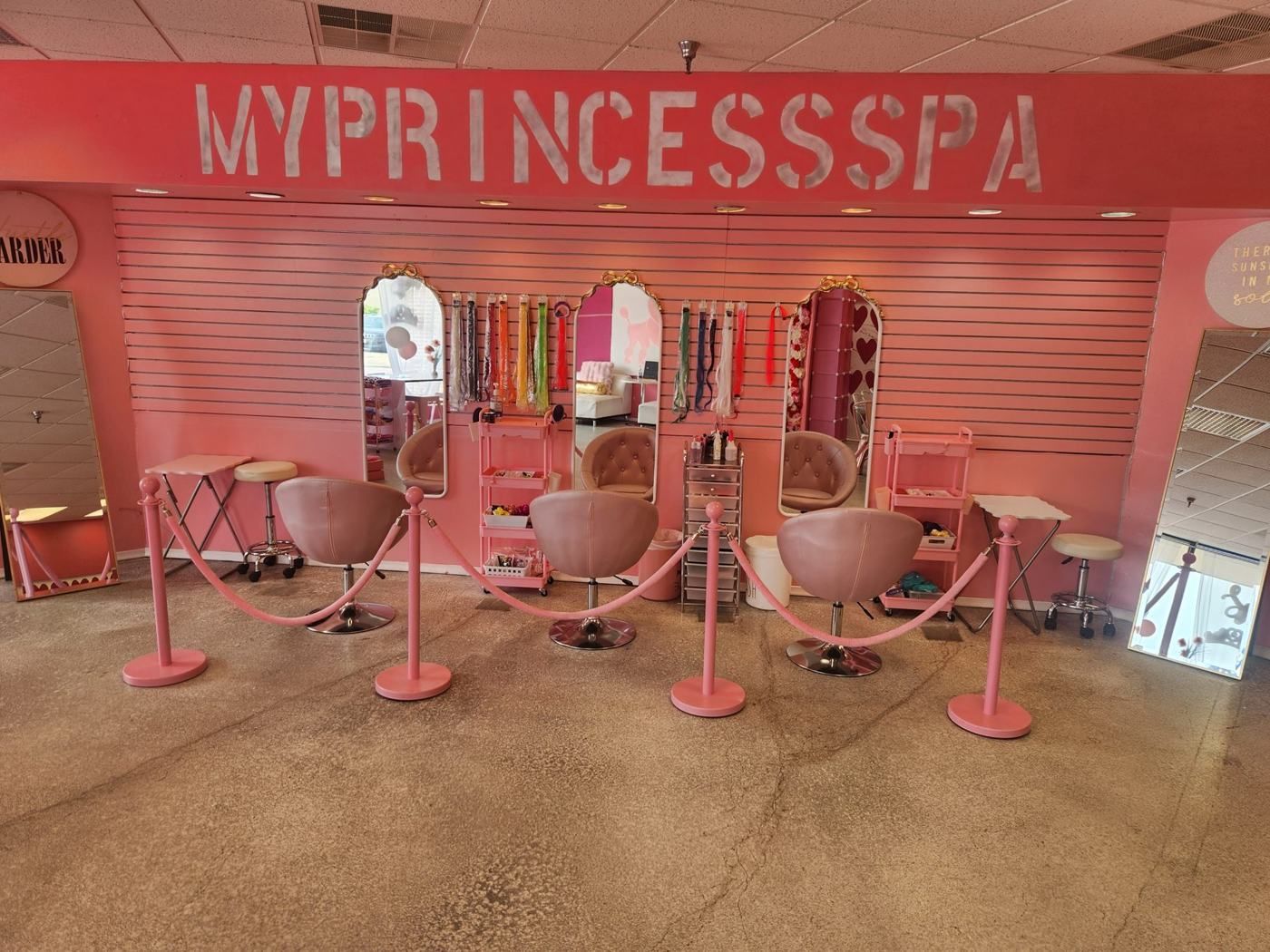 Wide view of MyPrincessSpa salon styling area in Omaha